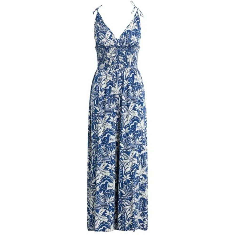 Patrons of Peace Blue White Floral Smocked Wide Leg Sleeveless Jumpsuit XL